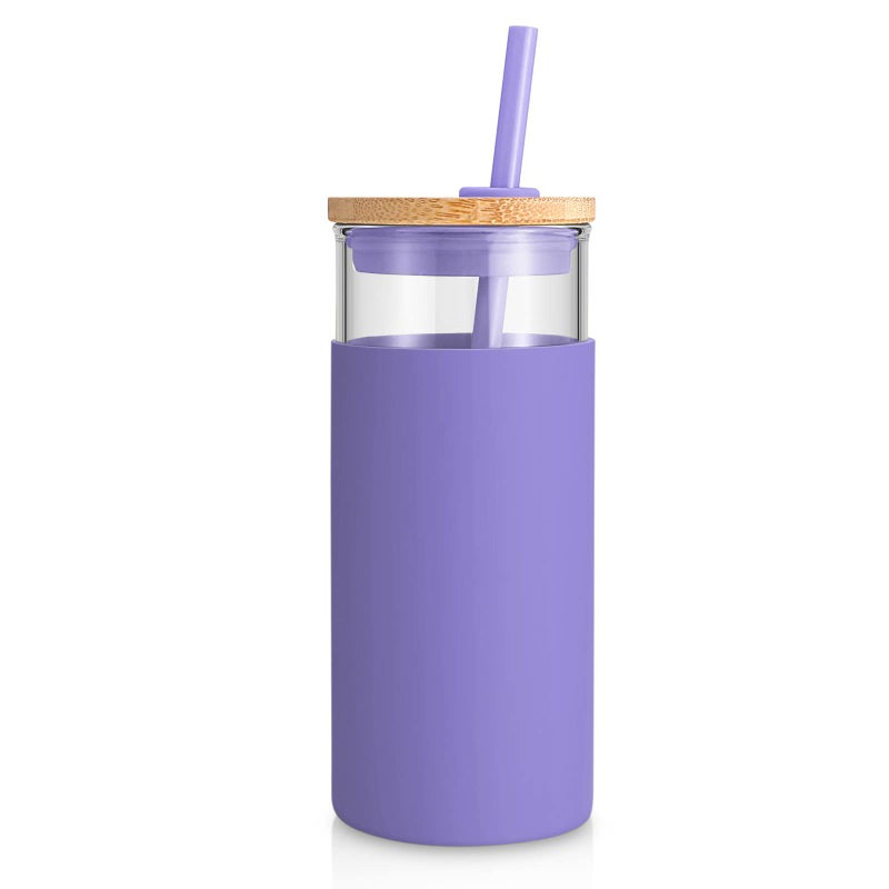 Tronco 20 oz Glass Tumbler With Lids and Straws Glass Water Bottle Silicone Protective Sleeve Iced Coffee Cup With Bamboo Lid Reusable Smoothie Cup BPA Free Lilac 1 Count