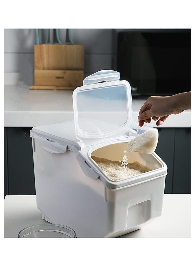 بلومنغ تايم حاوية تخزين أرز بعجلات - صندوق بلاستيكي محكم الغلق ومقاوم للرطوبة لتخزين الحبوب والطعام، والحبوب، والدقيق، والسكر - غطاء قابل للقفل، حل تخزين في مخزن المطبخ - Image 2