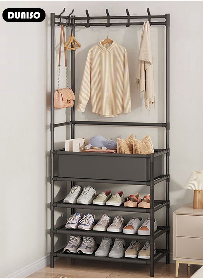 5-layers Entryway Coat Rack, 3-in-1 Hall Tree Shoe Bench with Coat Hat Umbrella Rack, Storage Shelves with 8 Hooks, Multifunctional Hallway Organizer with Storage Box, Hallway Shelf for Bedroom Hallway Office Dorm