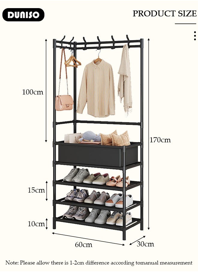 5-layers Entryway Coat Rack, 3-in-1 Hall Tree Shoe Bench with Coat Hat Umbrella Rack, Storage Shelves with 8 Hooks, Multifunctional Hallway Organizer with Storage Box, Hallway Shelf for Bedroom Hallway Office Dorm