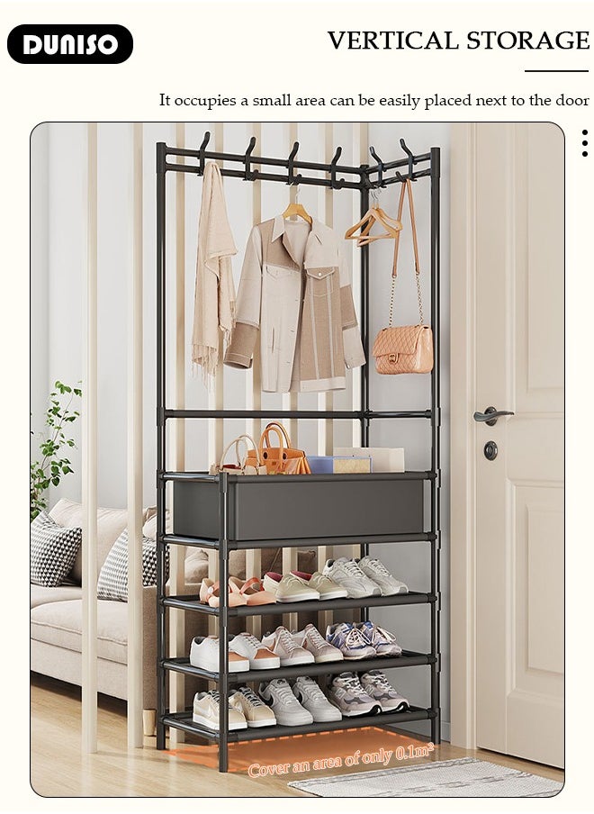 5-layers Entryway Coat Rack, 3-in-1 Hall Tree Shoe Bench with Coat Hat Umbrella Rack, Storage Shelves with 8 Hooks, Multifunctional Hallway Organizer with Storage Box, Hallway Shelf for Bedroom Hallway Office Dorm