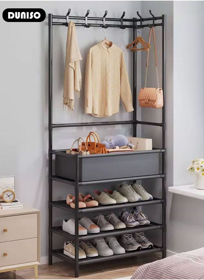 5-layers Entryway Coat Rack, 3-in-1 Hall Tree Shoe Bench with Coat Hat Umbrella Rack, Storage Shelves with 8 Hooks, Multifunctional Hallway Organizer with Storage Box, Hallway Shelf for Bedroom Hallway Office Dorm