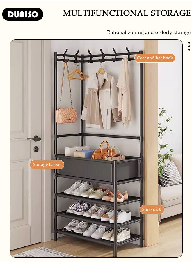 5-layers Entryway Coat Rack, 3-in-1 Hall Tree Shoe Bench with Coat Hat Umbrella Rack, Storage Shelves with 8 Hooks, Multifunctional Hallway Organizer with Storage Box, Hallway Shelf for Bedroom Hallway Office Dorm