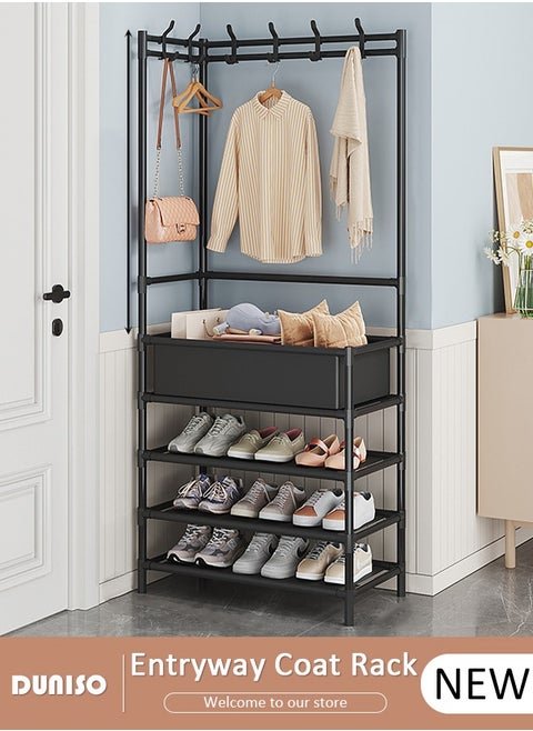 5-layers Entryway Coat Rack, 3-in-1 Hall Tree Shoe Bench with Coat Hat Umbrella Rack, Storage Shelves with 8 Hooks, Multifunctional Hallway Organizer with Storage Box, Hallway Shelf for Bedroom Hallway Office Dorm