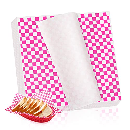 Hslife 100 Sheets Checkered Dry Waxed Deli Paper Sheets Paper Liners for Plastic Food Basket Wrapping Bread and Sandwiches Pink