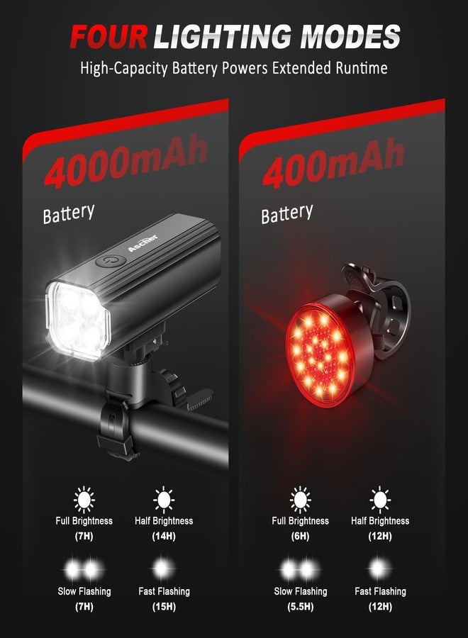 Ascher 1000 Lumens Super Bright Bike Lights for Night Riding, Type-C USB Rechargeable Bike Light Front and Back, 4 Light Modes, Waterproof Bicycle Headlight & Rear Taillight for Road Commuter Cycling - Image 2