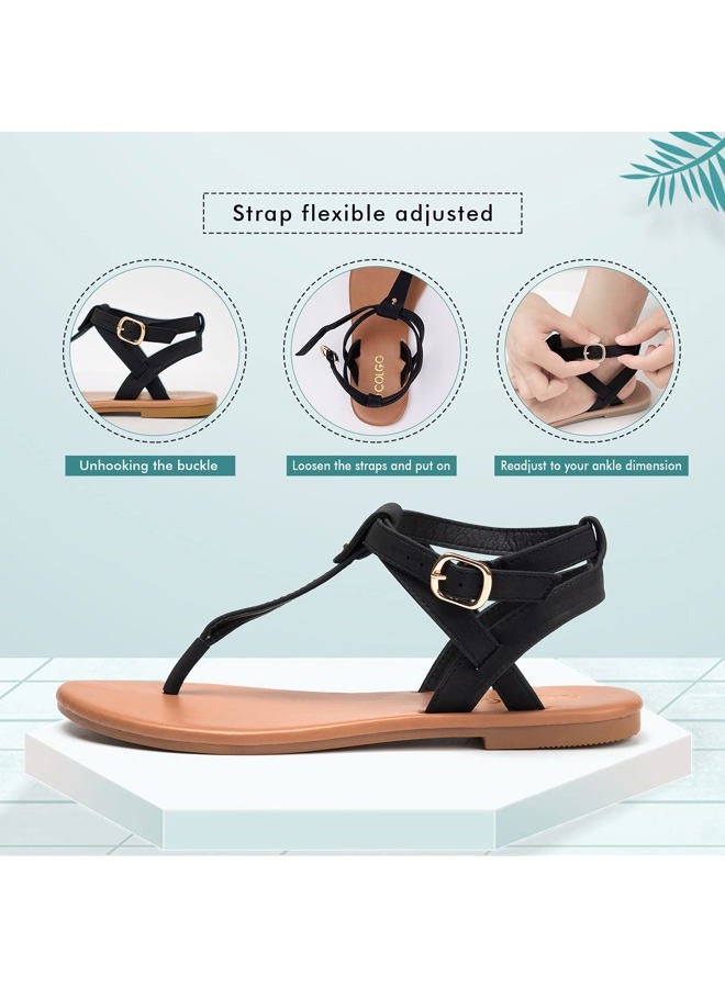 COLGO Thong Flat Sandals, Casual T Strap Dress Sandals, Adjustable Ankle Buckle Dress Thong Sandals with Strappy for Women Summer Wedding, Light Brown/Sdl, 8 - Image 2