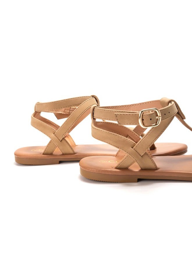 COLGO Thong Flat Sandals, Casual T Strap Dress Sandals, Adjustable Ankle Buckle Dress Thong Sandals with Strappy for Women Summer Wedding, Light Brown/Sdl, 8 - Image 3