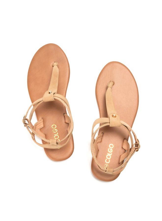 COLGO Thong Flat Sandals, Casual T Strap Dress Sandals, Adjustable Ankle Buckle Dress Thong Sandals with Strappy for Women Summer Wedding, Light Brown/Sdl, 8 - Image 4