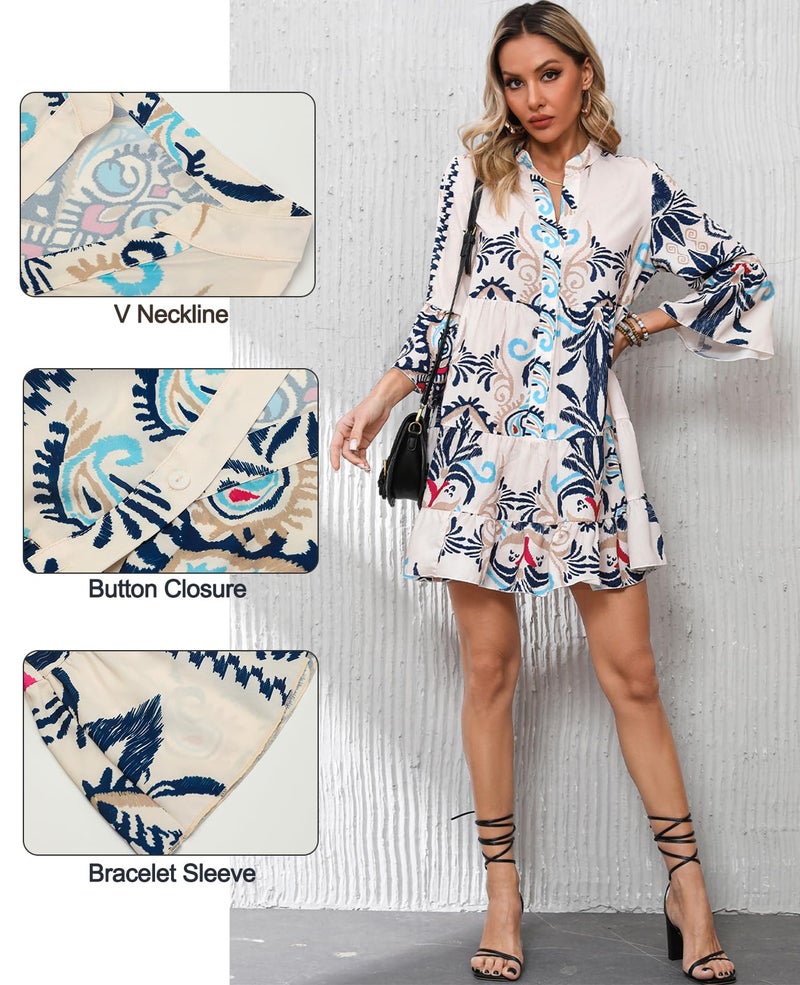 SELINK Womens Long Sleeve Dresses Casual V Neck Tribal Print Button Flowy Boho Mini Beach Dress Beige-S - Image 4