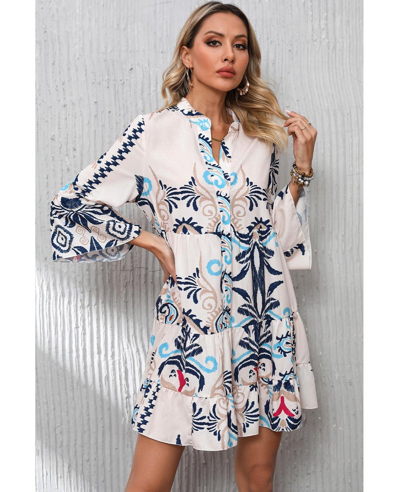 SELINK Womens Long Sleeve Dresses Casual V Neck Tribal Print Button Flowy Boho Mini Beach Dress Beige-S - Image 2