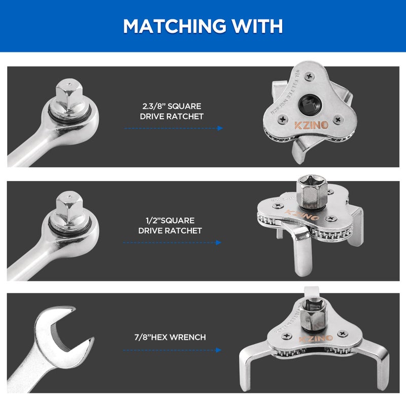 KZINO Oil Filter Removal Tool Universal Oil Filter Wrench Oil Filter Removal Tool Adjustable 212 to 4 inch 3 to 512 inch 12 Drive Oil Filter Change Set Flat - Image 4