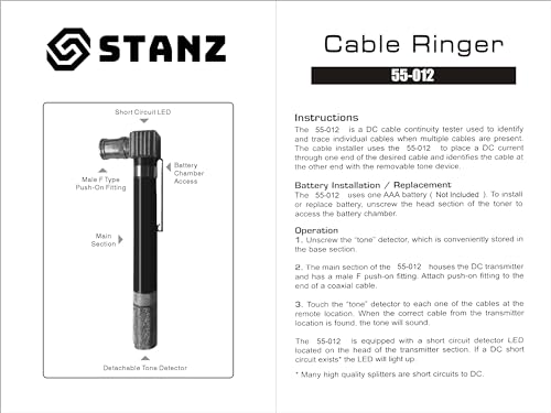 Stanz (TM) Pocket toner, cable toner, coaxial toner, tracker, finder with AAA Battery, RG6, RG59, CATV - Image 3