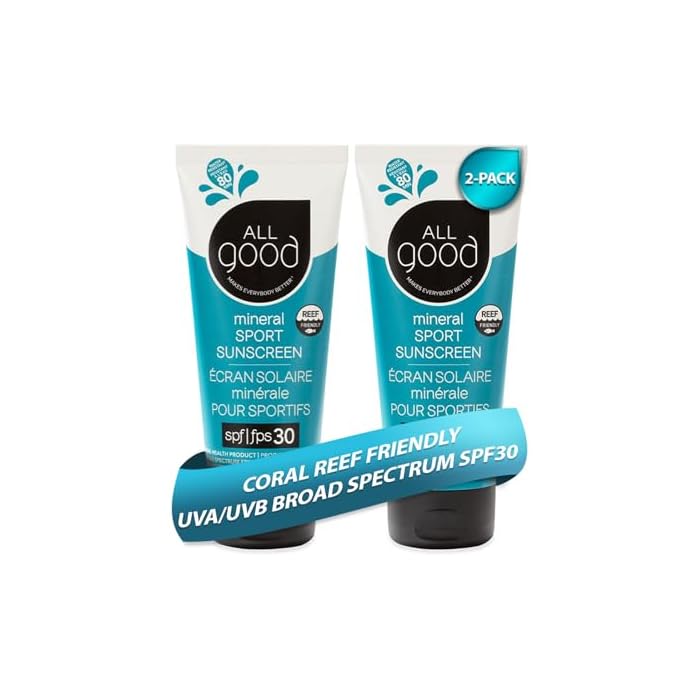 All Good Sunscreen - Sport Mineral Sunscreen Lotion, Reef Friendly, SPF 30+ for Face & Body, Water & Sweat Resistant, 2-pack (3 oz)