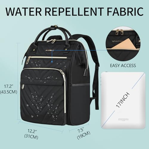 VANKEAN 17 Inch Laptop Backpack for Women Fashion Computer Work Bag Large Capacity Waterproof Backpack College Daypack Business Travel Black - Image 3
