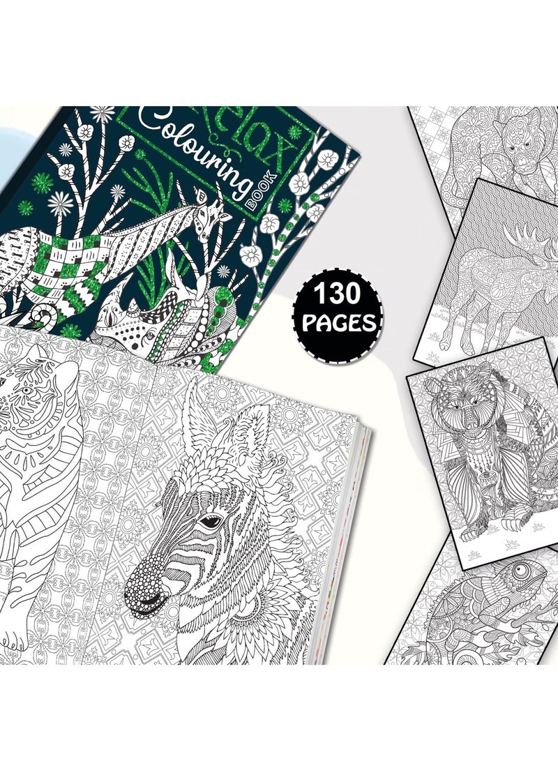 DECOR SOUQ 130-Page Animal Colouring Book for Adults and Children – Stress Relief and Mindfulness Through Intricate Animal Designs – Relaxing Creative Activity for Beginners and Experienced Colourists – Features Giraffes, Rhinos and Exotic Wildlife featuring 130 Pages of Fun Colouring– Premium Paper for Easy Colouring with Pencils or Markers – Perfect Gift for Art and Animal Lovers – Fun and Therapeutic Colouring Book for Relaxation and Focus – Ideal for Stress-Free Entertainment at Home, School, Travel or On-the-Go – Wildlife Animal Theme Safari Colouring Books for Kids, Teens & Adults  - Image 2