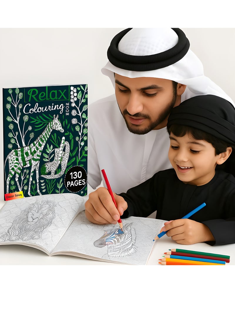 DECOR SOUQ 130-Page Animal Colouring Book for Adults and Children – Stress Relief and Mindfulness Through Intricate Animal Designs – Relaxing Creative Activity for Beginners and Experienced Colourists – Features Giraffes, Rhinos and Exotic Wildlife featuring 130 Pages of Fun Colouring– Premium Paper for Easy Colouring with Pencils or Markers – Perfect Gift for Art and Animal Lovers – Fun and Therapeutic Colouring Book for Relaxation and Focus – Ideal for Stress-Free Entertainment at Home, School, Travel or On-the-Go – Wildlife Animal Theme Safari Colouring Books for Kids, Teens & Adults  - Image 1