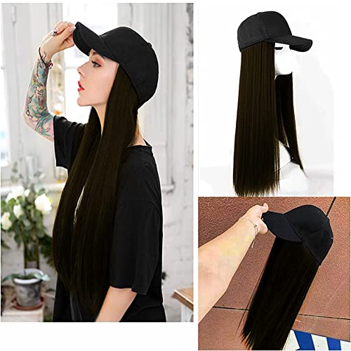 Rapidsflow® Synthetic Hair Hat 26" Long Hairpiece Adjustable Baseball Cap Attached Natural Wig for Women Girls(FREE CARRY POUCH) (Straight Dark Brown) - Image 3