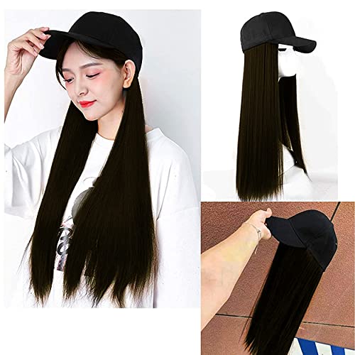 Rapidsflow® Synthetic Hair Hat 26" Long Hairpiece Adjustable Baseball Cap Attached Natural Wig for Women Girls(FREE CARRY POUCH) (Straight Dark Brown) - Image 5