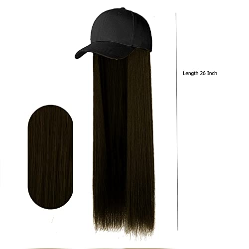 Rapidsflow® Synthetic Hair Hat 26" Long Hairpiece Adjustable Baseball Cap Attached Natural Wig for Women Girls(FREE CARRY POUCH) (Straight Dark Brown) - Image 2