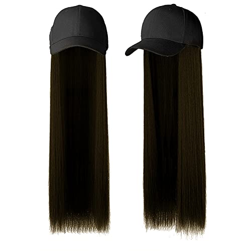 Rapidsflow® Synthetic Hair Hat 26" Long Hairpiece Adjustable Baseball Cap Attached Natural Wig for Women Girls(FREE CARRY POUCH) (Straight Dark Brown) - Image 4