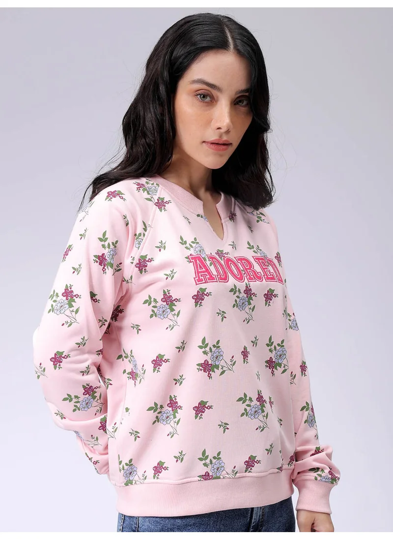 Freehand Women Relaxed Pink Printed V-Neck Long Sleeve Sweatshirt