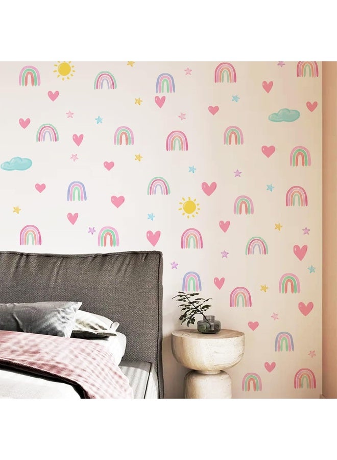 Finduat Rainbow Decor for Girls Bedroom, Boho Wall Decal, Watercolor Rainbow Heart Sun Star Wall Stickers for Girls Boys Baby Bedroom Nursery Wall Decor - Image 1