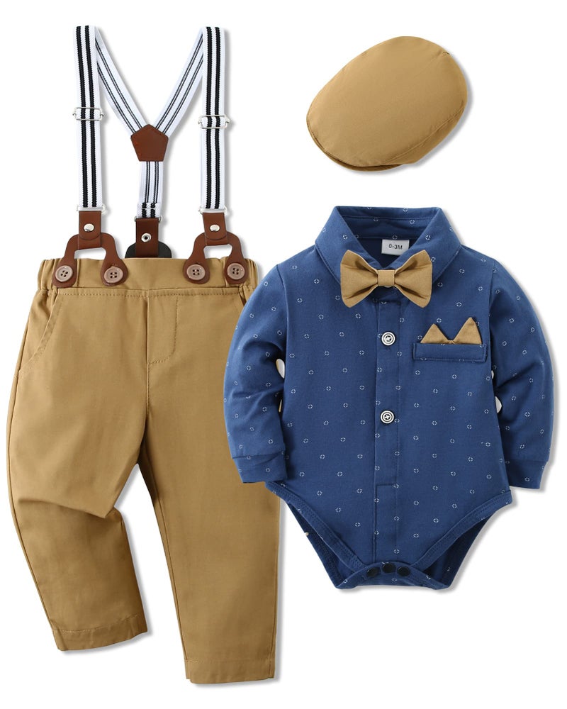 WESIDOM Baby Boy Clothes 0-24M Newborn Infant Gentleman Outfit, Shirt+Bowtie+Beret+Suspender Pant Baby boy Suit Clothing Set - Image 1
