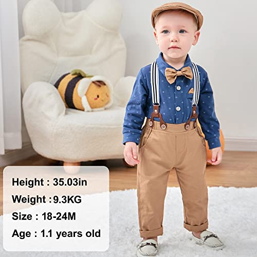 WESIDOM Baby Boy Clothes 0-24M Newborn Infant Gentleman Outfit, Shirt+Bowtie+Beret+Suspender Pant Baby boy Suit Clothing Set - Image 2