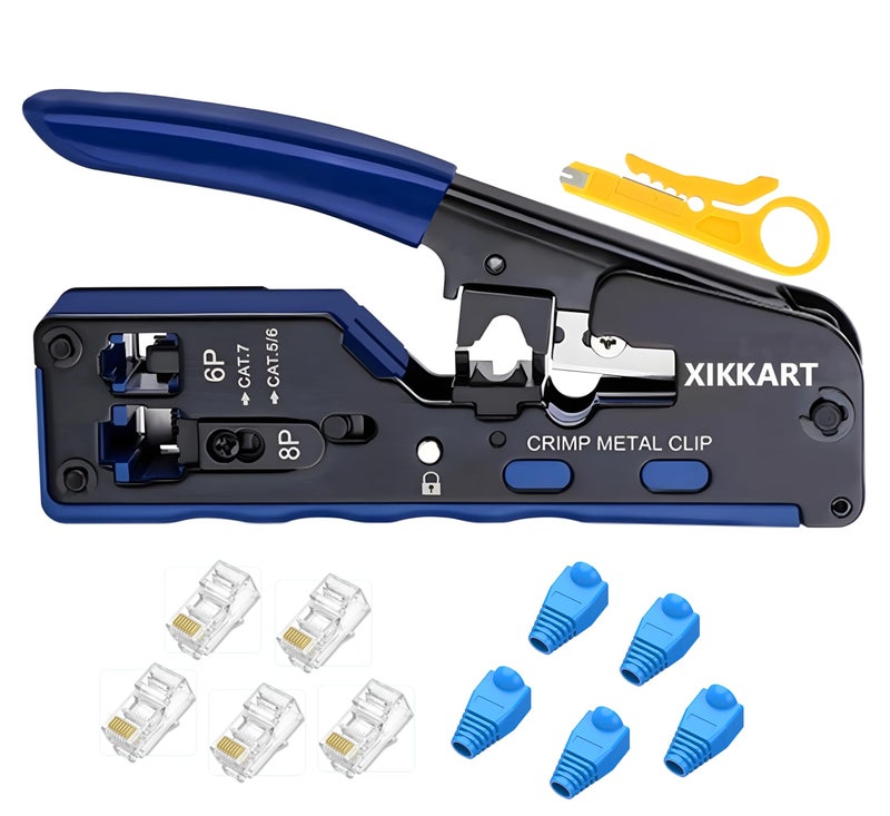 XIKKART Cat7 RJ45 Crimping Tool Kit – Pass Through Ethernet Crimper with Wire Stripper & Cutter for Cat7, Cat6A, Cat6, Cat5E, Cat5 Cables – Includes 5Pcs RJ45 Connectors & 5Pcs Protective Boots - Image 1