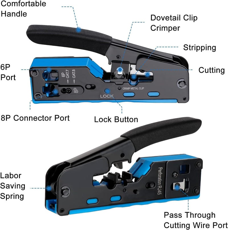 XIKKART Cat7 RJ45 Crimping Tool Kit – Pass Through Ethernet Crimper with Wire Stripper & Cutter for Cat7, Cat6A, Cat6, Cat5E, Cat5 Cables – Includes 5Pcs RJ45 Connectors & 5Pcs Protective Boots - Image 3