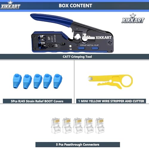XIKKART Cat7 RJ45 Crimping Tool Kit – Pass Through Ethernet Crimper with Wire Stripper & Cutter for Cat7, Cat6A, Cat6, Cat5E, Cat5 Cables – Includes 5Pcs RJ45 Connectors & 5Pcs Protective Boots - Image 4