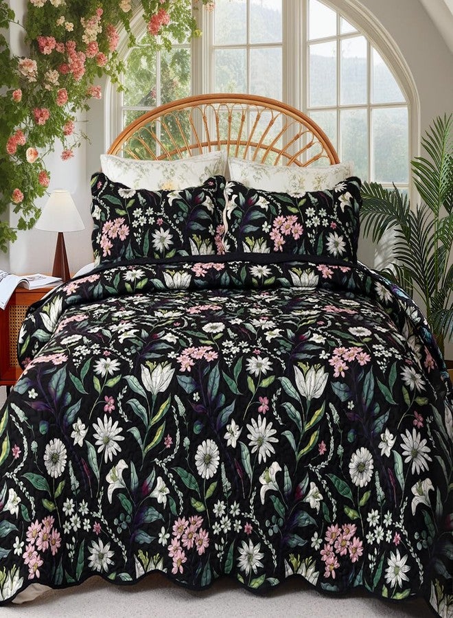 EVENHUG Floral Quilt Set Queen Size Black Botanical Bedspread Coverlet with Pillow Shams Soft Lightweight Flower Quilt Bedding Sets for All Season 3 Pieces (92"x96") - Image 1