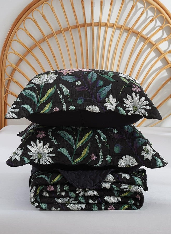 EVENHUG Floral Quilt Set Queen Size Black Botanical Bedspread Coverlet with Pillow Shams Soft Lightweight Flower Quilt Bedding Sets for All Season 3 Pieces (92"x96") - Image 5