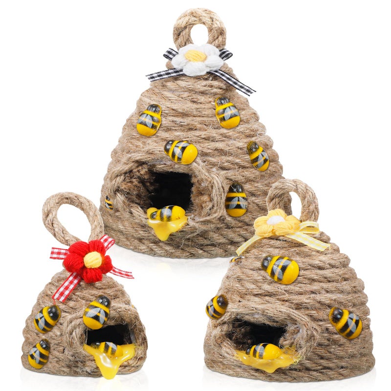 Jutom 3 Pieces Bee Hive Decor Honey Bee Tiered Tray Decor Summer Spring Honeycomb Decorations Mini Jute Beehive Farmhouse Kitchen Decoration for Table Shelf Sitter Home Coffee Bar Themed Party