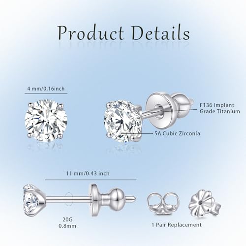 Limerencia G23 Pure Titanium Earrings F136 Implant Grade Titanium Studs 20G Hypoallergenic Round Cubic Zirconia/Princess-Cut/Square/Ball Earrings for Women Men Sensitive Ears(4mm Cubic Zirconia) - Image 3