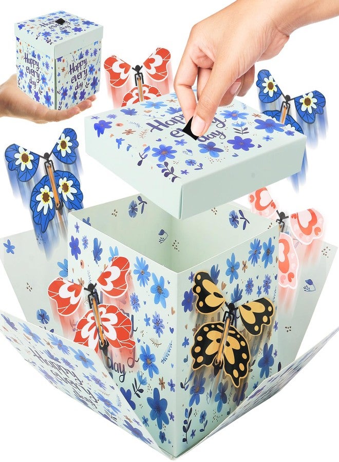 Blinket Flying Butterfly Explosion Gift Box with 6 Pcs Flying Butterflies, Surprise Birthday Gift Box with Butterfly， Surprise Cake Boxes for Birthday, Anniversary, Wedding,Graduation Special Occasions Blue - Image 1