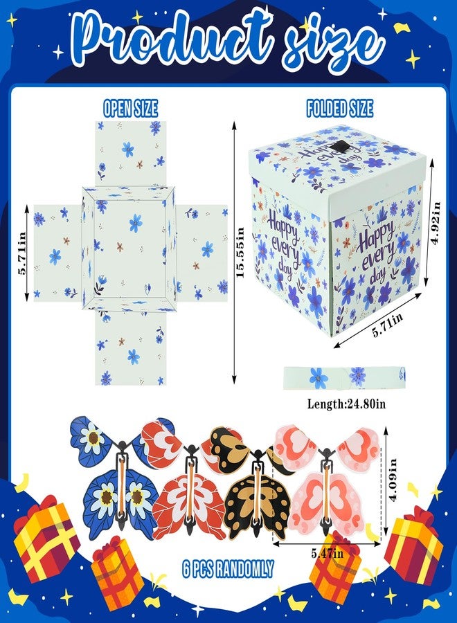Blinket Flying Butterfly Explosion Gift Box with 6 Pcs Flying Butterflies, Surprise Birthday Gift Box with Butterfly， Surprise Cake Boxes for Birthday, Anniversary, Wedding,Graduation Special Occasions Blue - Image 2