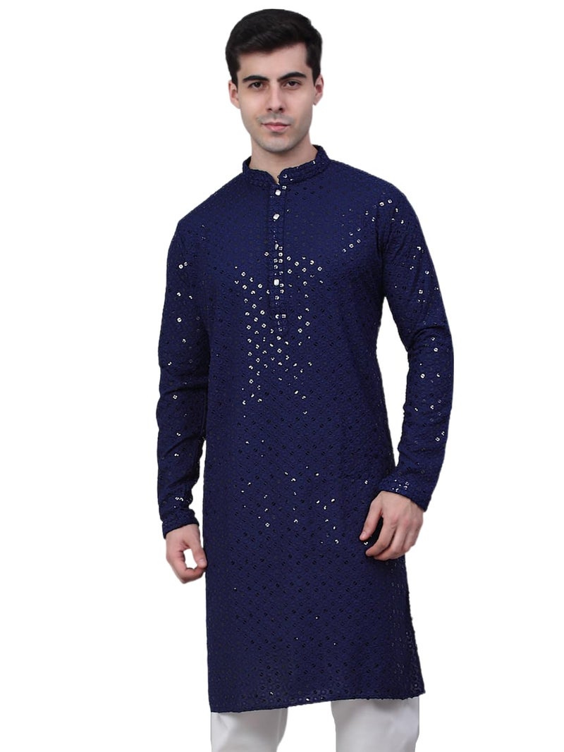 Jompers Men's Chikankari Embroidered and Sequence Kurtas (Navy, XL) - Image 1
