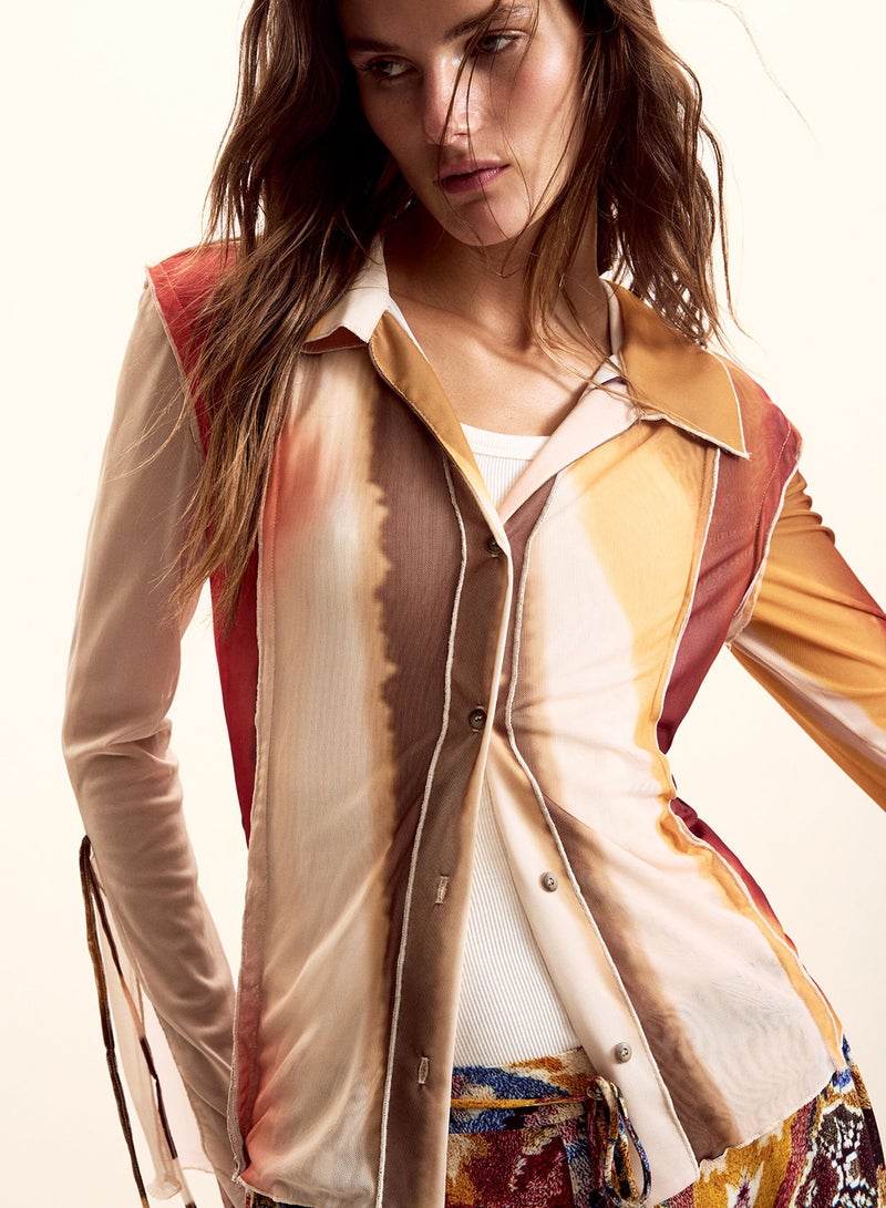 DESIGUAL Fitted Button-Up Blouses Made Of Semi-Transparent Fabric With Ties At The Cuffs - Image 1