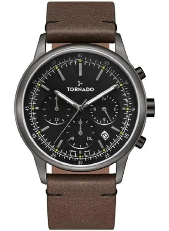 تورنيدو Tornado Classic Men's VD53 Movement Watch, Multi Function Display and Leather Strap - T24108-XLDB, Brown