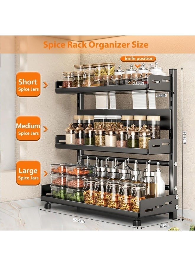 DubaiGallery 3-Tier Adjustable Kitchen Storage Rack Organizer, Heavy Duty Countertop Spice Rack with Multi-Layer Shelves, Oil Bottle Holder, Kitchen Accessories Organizer for Spices, Seasonings, Jars, Containers and Pantry Storage Solution - Image 2