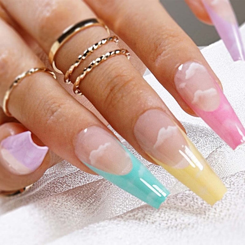 Outyua Cloud French Designer Press on Nails Rainbow Extra Long Fake Nails Coffin Ballerina Super Long False Nails Full Cover Acrylic Nails for Women and Girls 24Pcs Cloud - Image 3