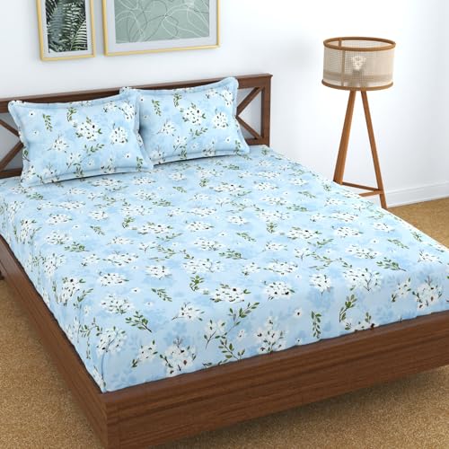 KAWI Elastic Fitted Bedsheets (60"x78") Queen Size Glace Cotton for Double Bed with All Around Elastic, 2 Large Pillow Cover, 200TC -Blue Floral Color - Image 1