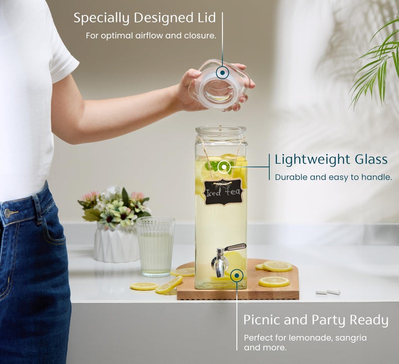 Kook Glass Drink Dispenser, with Leak-Proof Stainless Steel Spigot, Clear Rectangular Mason Jar, Beverage Storage for Fridge, for Water, Iced Tea, Sangria, Lemonade, 80 oz (2) - Image 4