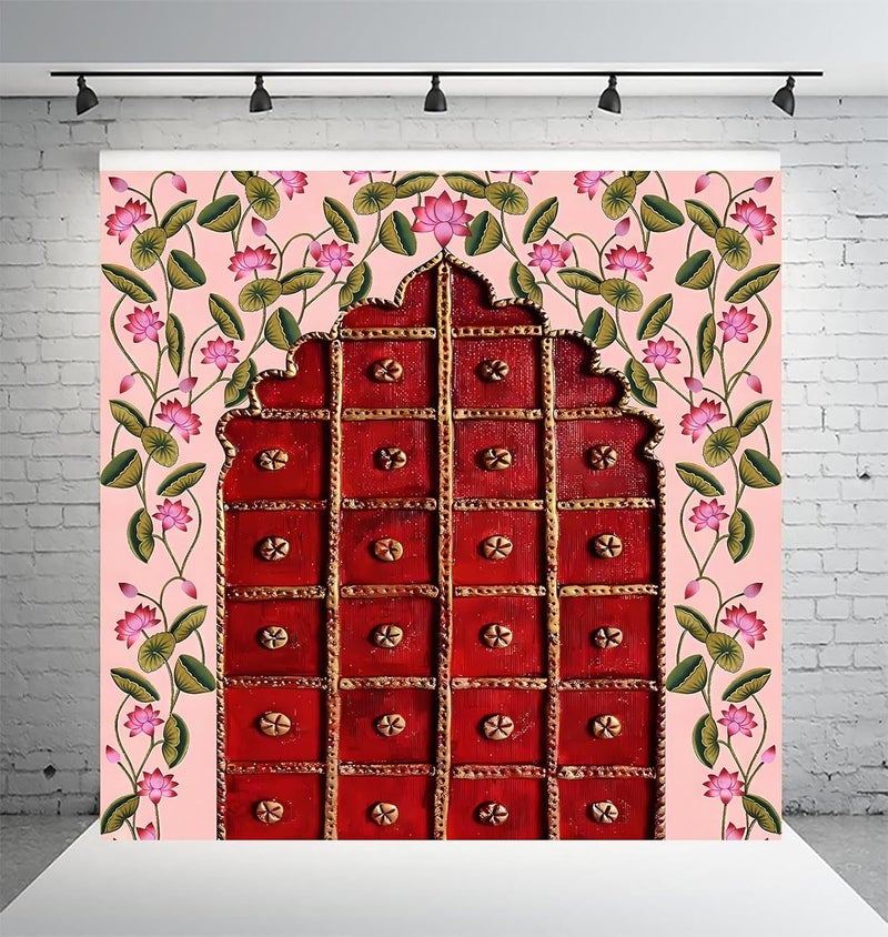 Dhara Door Entrance Design Printed 8FT8FT Backdrop Cloth for Pooja Decoration Traditional Background Curtain Cloth for Festival Washable Fabric