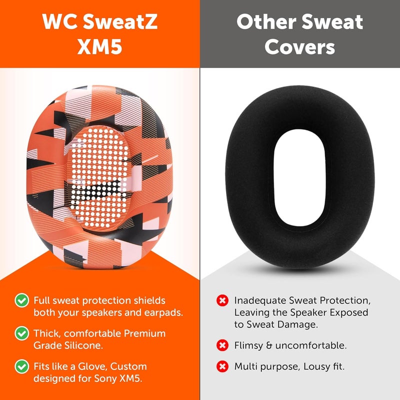 WC SweatZ XM5 - Protective Headphone Ear Covers for Sony WH1000XM5 by | Only Compatible with Sony XM5 Over Ear Headphones | Sweatproof & Easily Washable | Orange Prism - Image 3