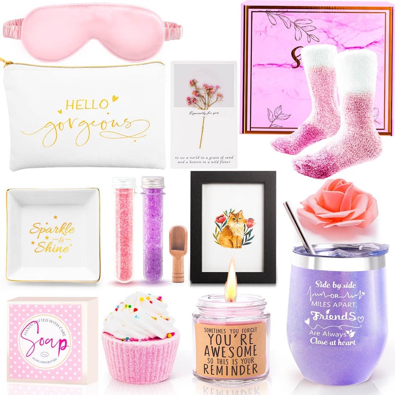 Birthday Gifts for WomenBest Relaxing Spa Gifts Box Basket for Wife Mom Sister Girlfriend Daughter Best Friend MotherHappy Birthday Gifts for Women Unique Wine Tumbler Spa Bath Set Purple