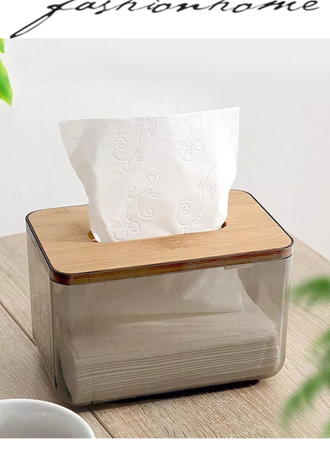 fashionhome Transparent Plastic Facial Tissue Box With Bamboo Cover Clear/Brown - Image 2
