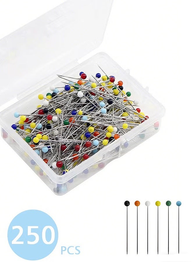 هابي دي 250 دبوس خياطة للقماش، دبابيس مستقيمة برؤوس زجاجية ملونة طولها 1.5 بوصة، دبابيس لحياكة الملابس، تزيين المجوهرات DIY، مشاريع الحرف والخياطة (ملونة) - Image 1